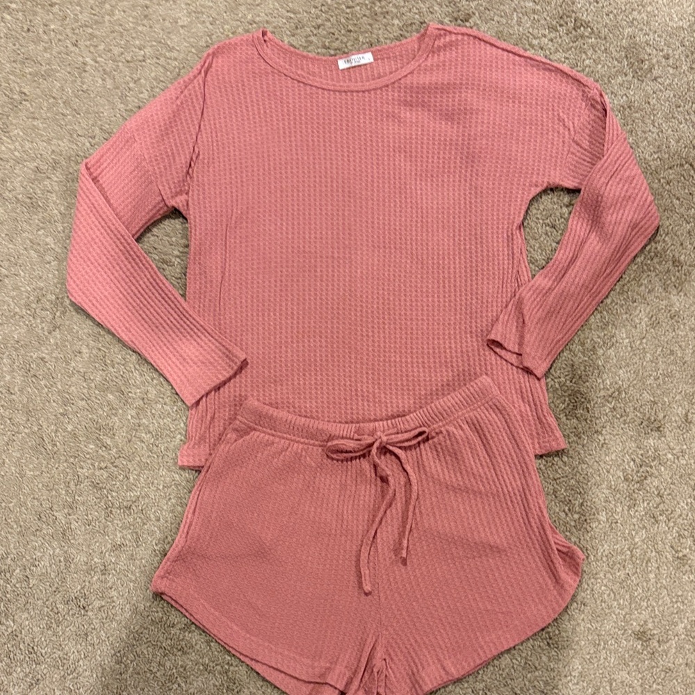 Waffle Knit Long Sleeve Top & Drawstring Shorts Set - Dusty Rose